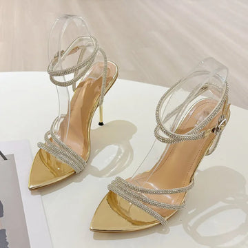 Xajzpa Fashion Glitter Crystal Ankle Strap Sandals Women Elegant Pointed Toe Rhinestone High Heels Wedding Prom Shoes Size 35-41
